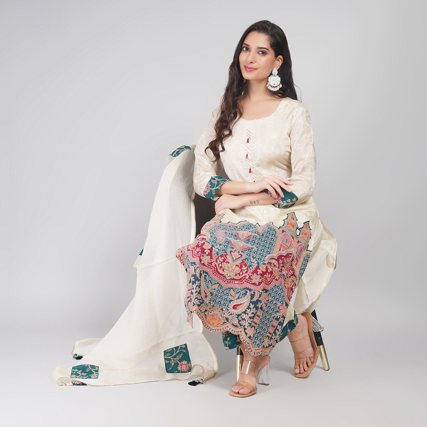 Cream Silk Suit with Jari Work Dupatta & Pant Wear