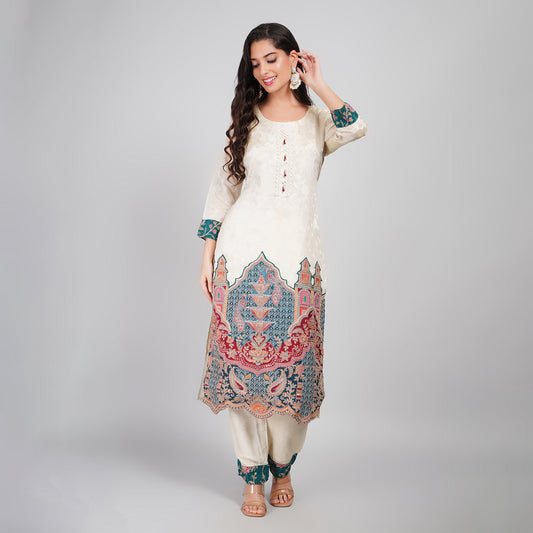 Cream Silk Suit with Jari Work Dupatta & Pant Wear