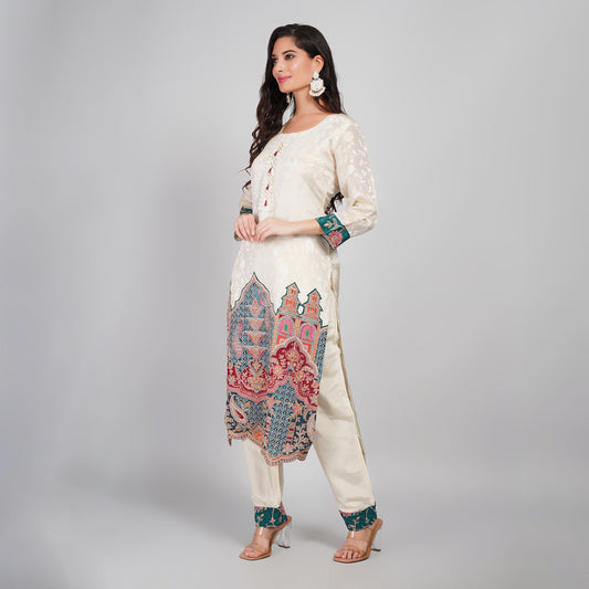 Cream Silk Suit with Jari Work Dupatta & Pant Wear