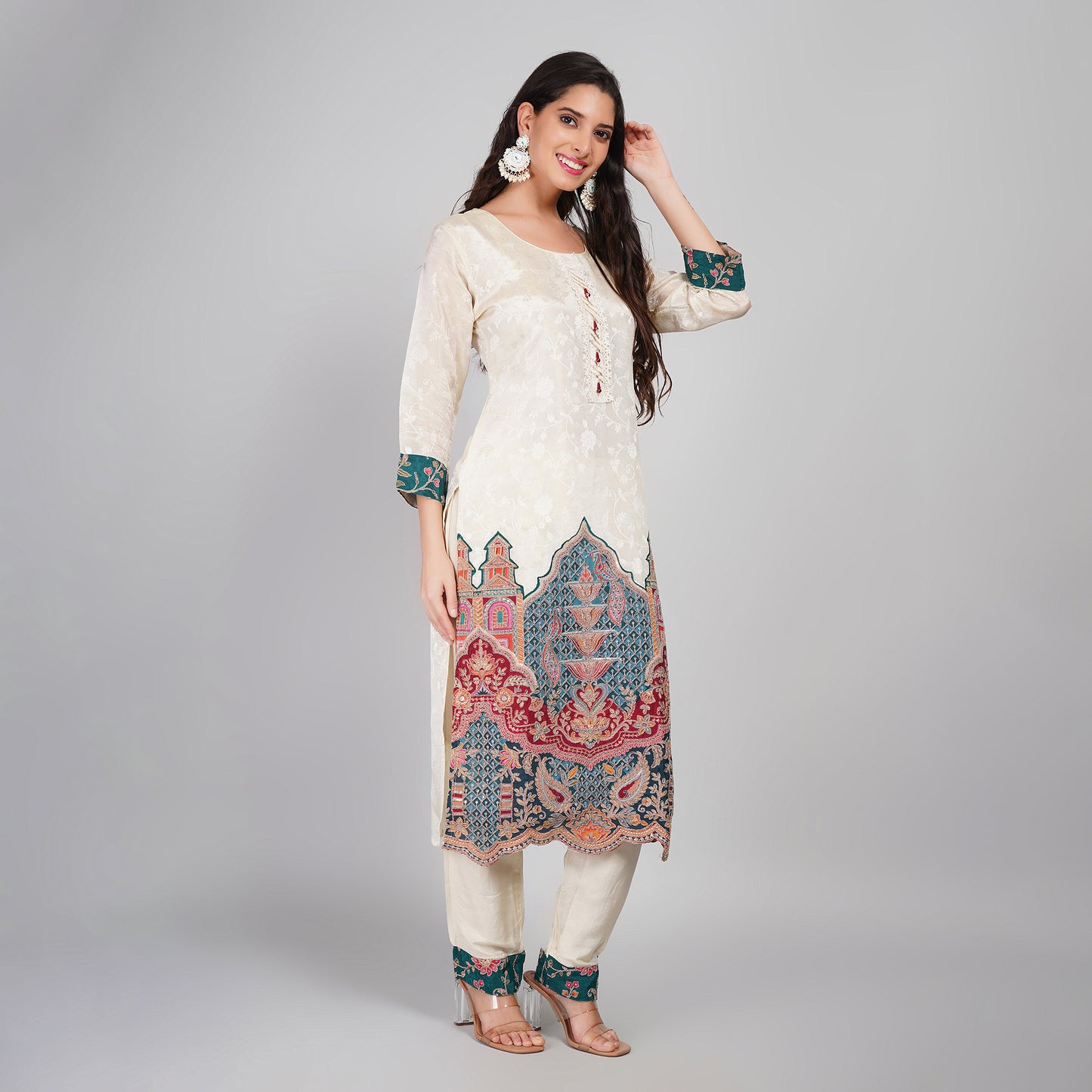 Cream Silk Suit with Jari Work Dupatta & Pant Wear