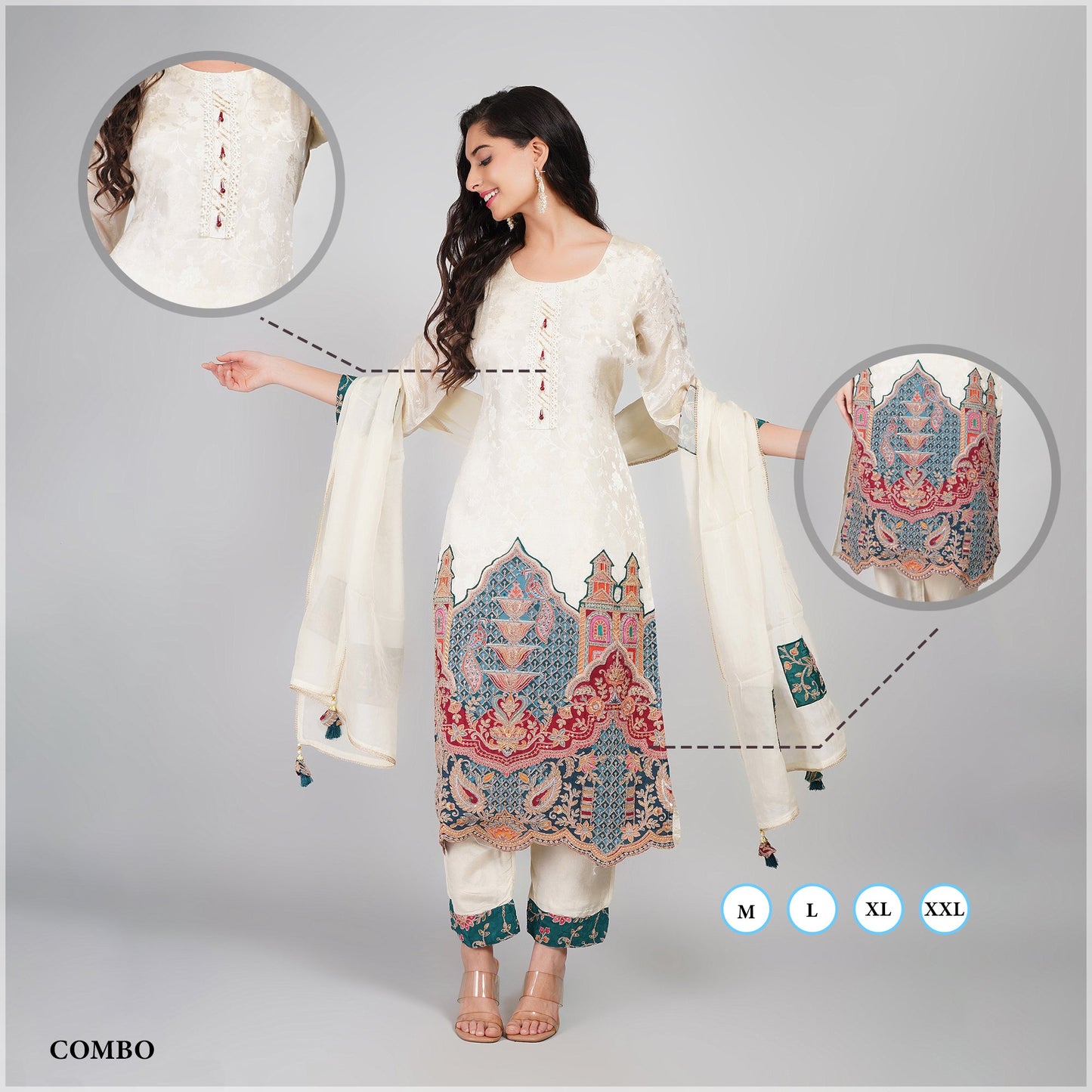 Cream Silk Suit with Jari Work Dupatta & Pant Wear