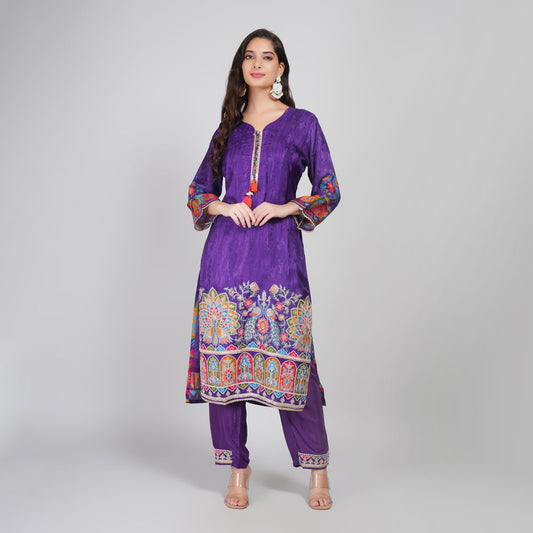 Purple Silk Embroidered Suit Set with Dupatta