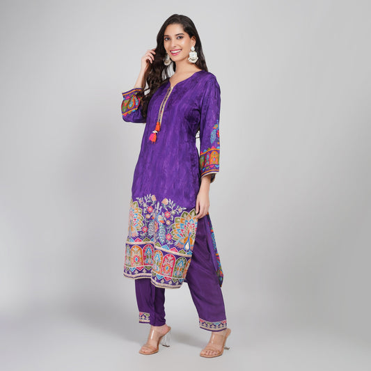 Purple Silk Embroidered Suit Set with Dupatta
