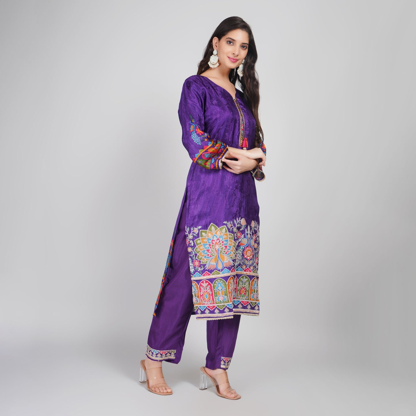 Purple Silk Embroidered Suit Set with Dupatta