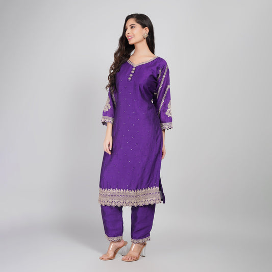 Purple Embroidery Suit with Heavy Dupatta & Pant