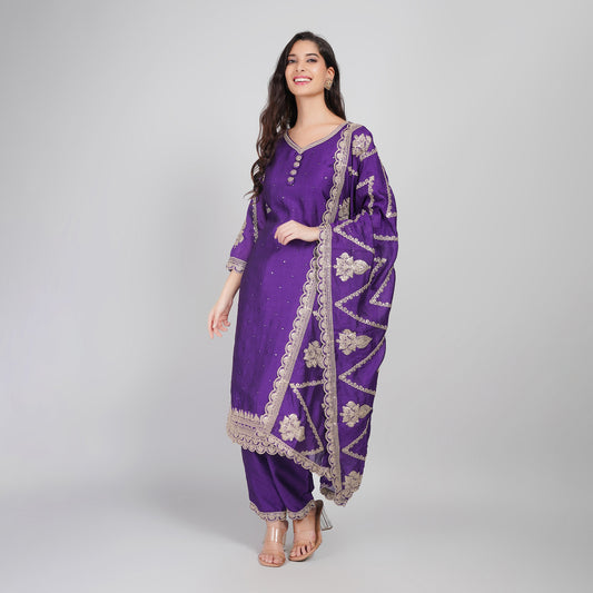 Purple Embroidery Suit with Heavy Dupatta & Pant