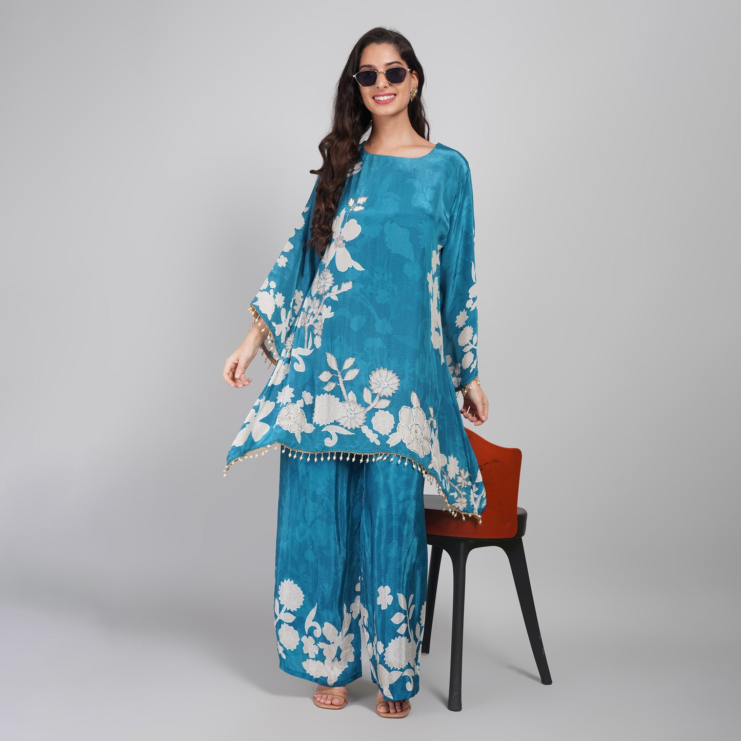 Blue Silk Kurta Palazzo Set with Cutdana Work