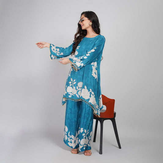 Blue Silk Kurta Palazzo Set with Cutdana Work
