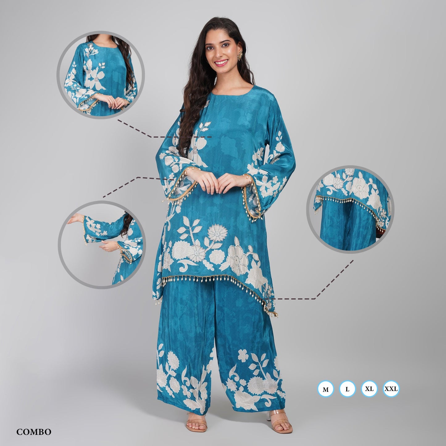 Blue Silk Kurta Palazzo Set with Cutdana Work