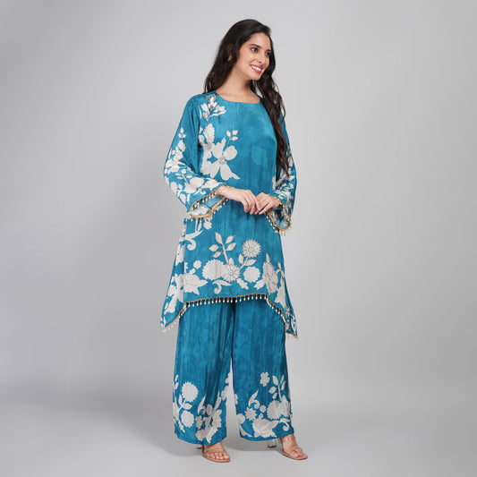 Blue Silk Kurta Palazzo Set with Cutdana Work