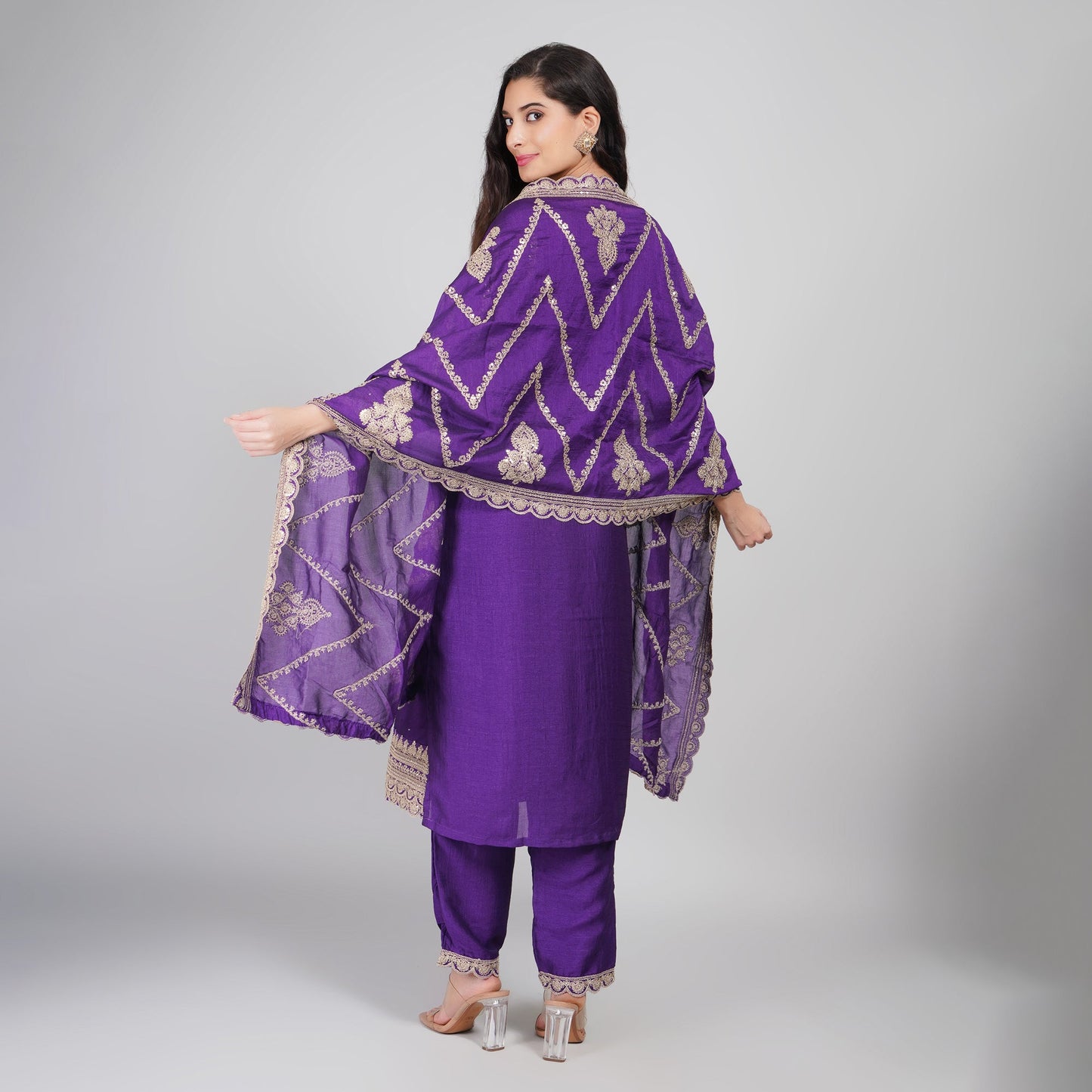 Purple Embroidery Suit with Heavy Dupatta & Pant