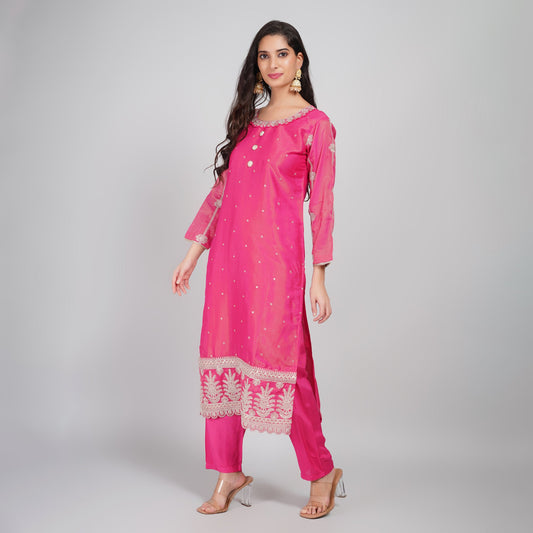 Hot Pink Silk Suit with Embroidery, Dupatta & Pant
