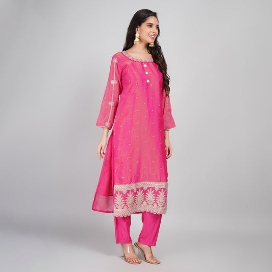 Hot Pink Silk Suit with Embroidery, Dupatta & Pant