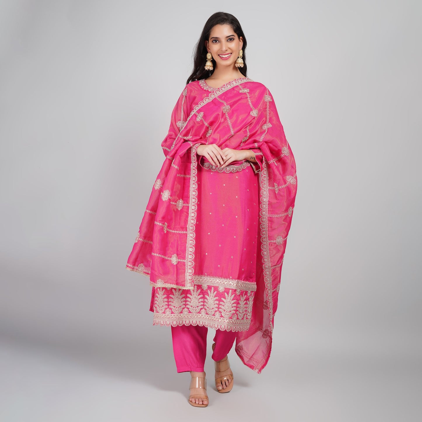 Hot Pink Silk Suit with Embroidery, Dupatta & Pant