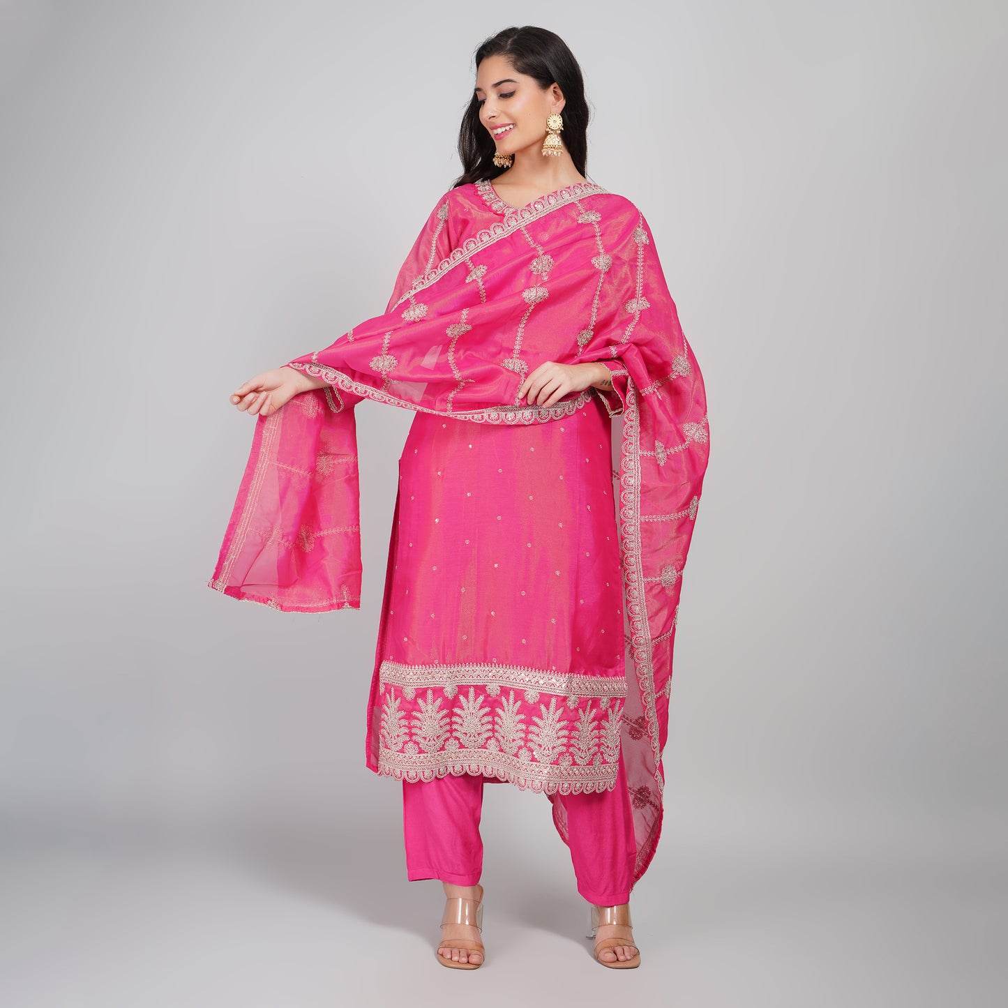 Hot Pink Silk Suit with Embroidery, Dupatta & Pant