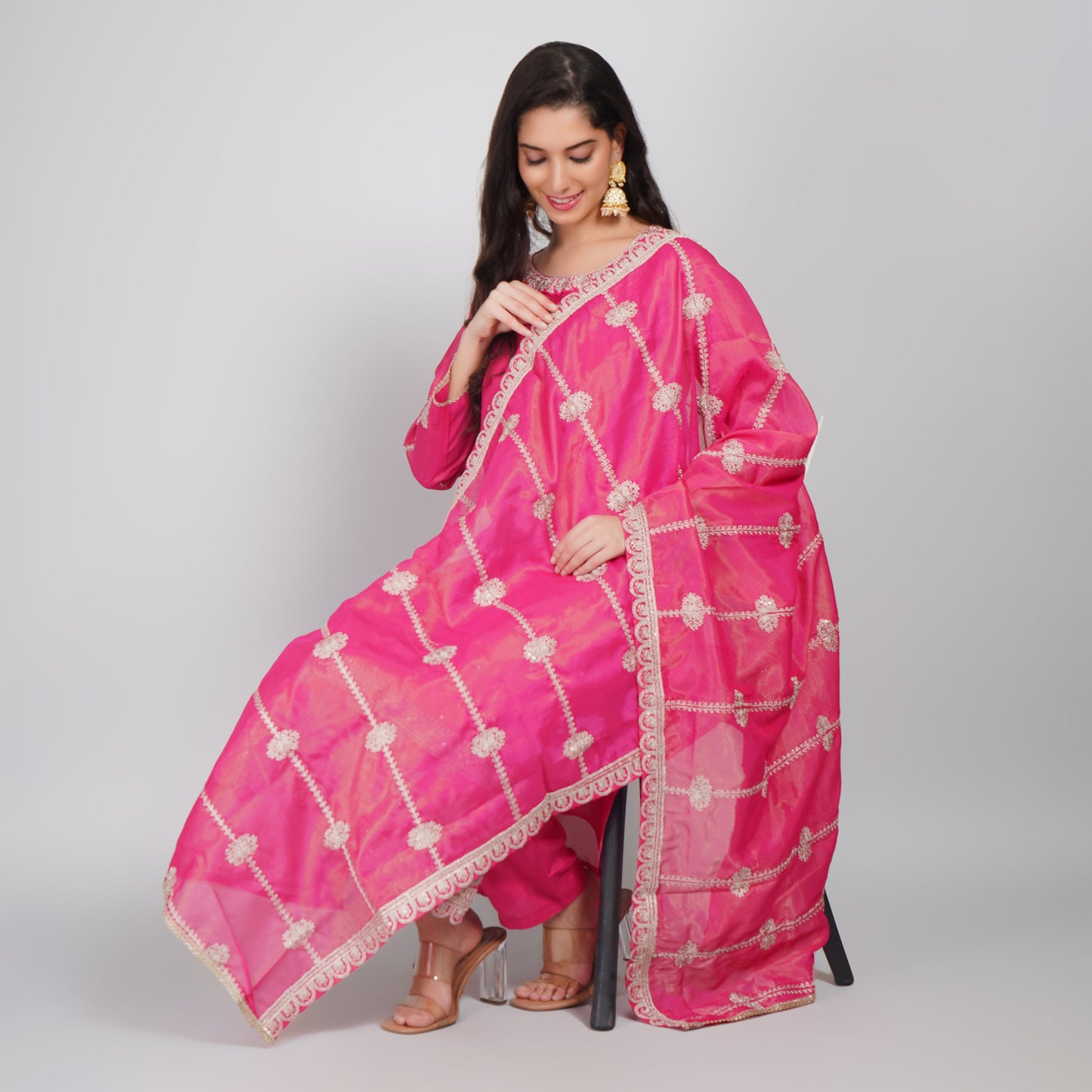 Hot Pink Silk Suit with Embroidery, Dupatta & Pant