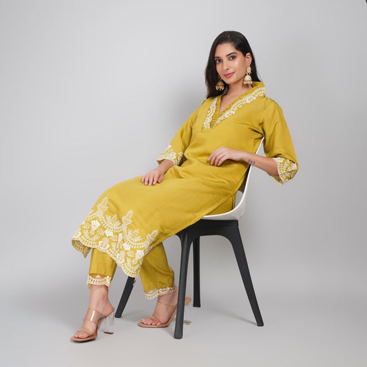 Mustard Silk Suit with Embroidered Neck & Dupatta