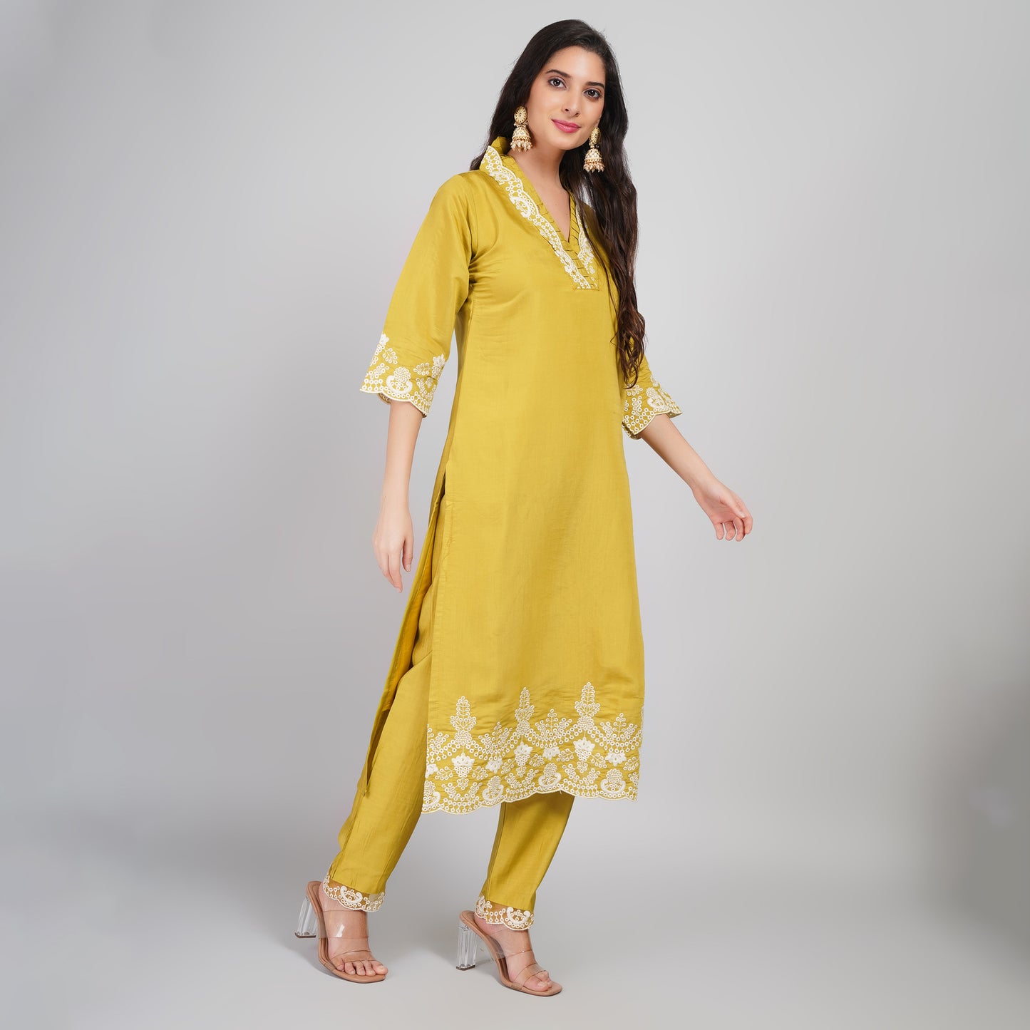 Mustard Silk Suit with Embroidered Neck & Dupatta