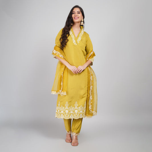 Mustard Silk Suit with Embroidered Neck & Dupatta