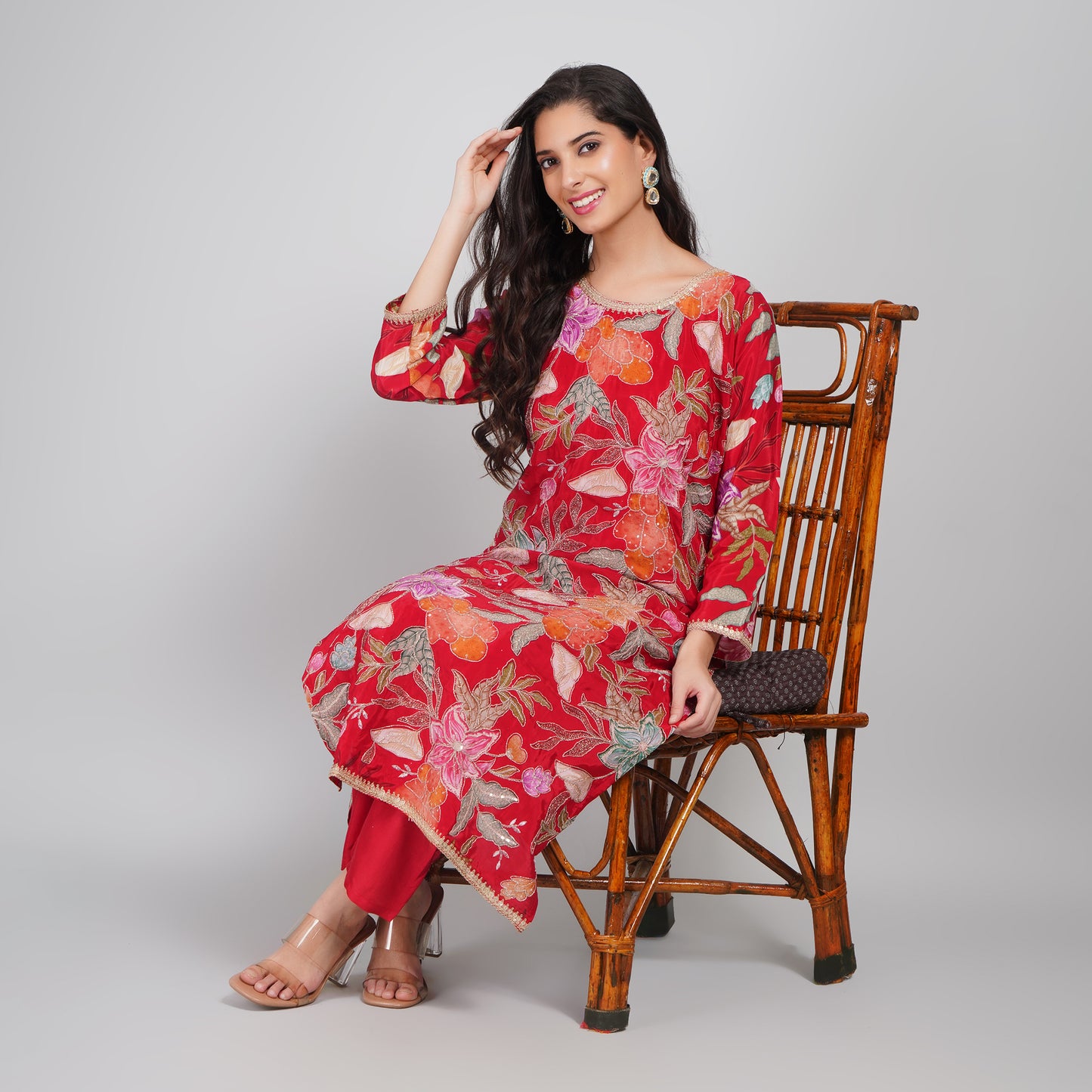 Red Floral Silk Suit with Dupatta