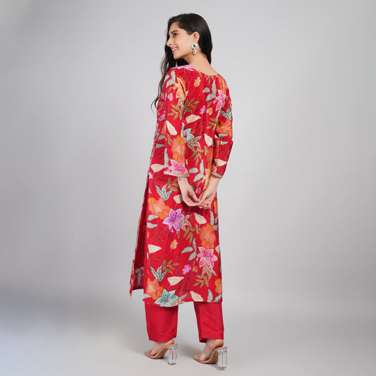 Red Floral Silk Suit with Dupatta