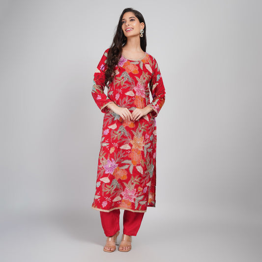 Red Floral Silk Suit with Dupatta