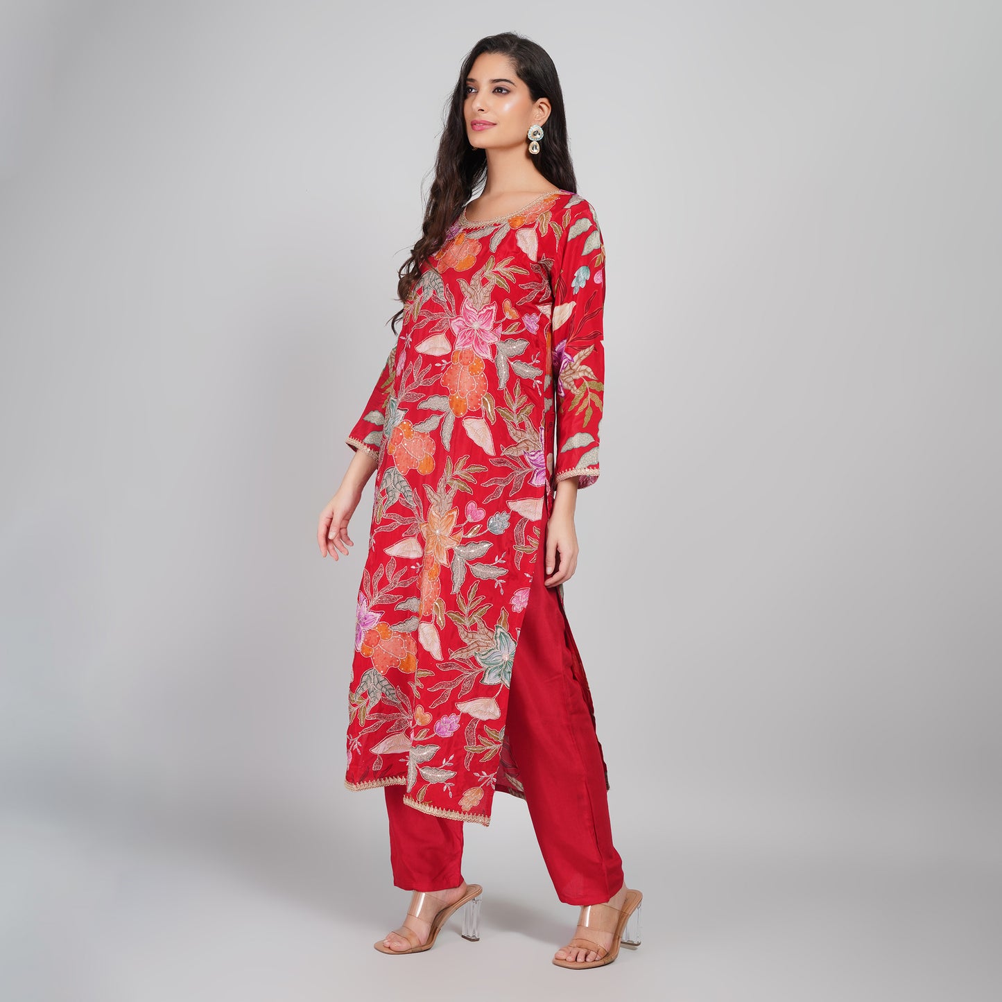 Red Floral Silk Suit with Dupatta