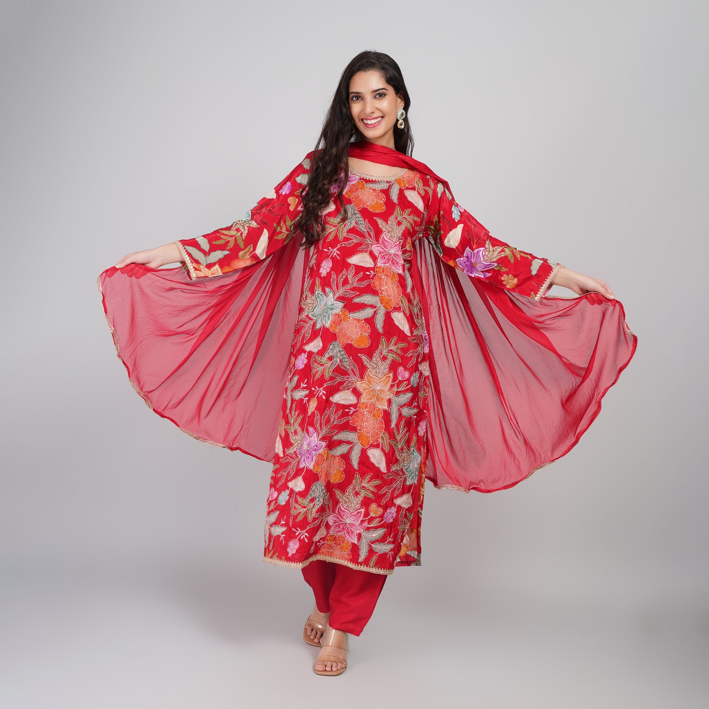 Red Floral Silk Suit with Dupatta