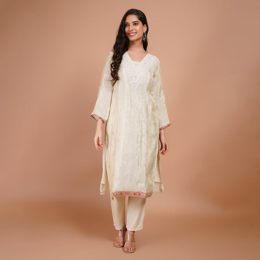 Cream Embroidered Silk Suit Set