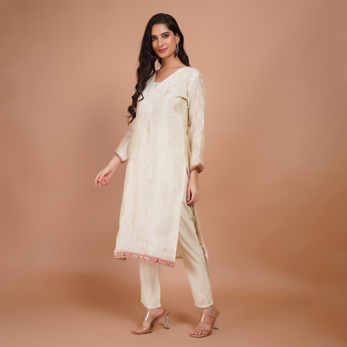 Cream Embroidered Silk Suit Set