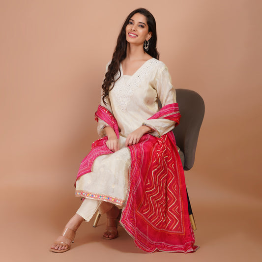 Cream Embroidered Silk Suit Set