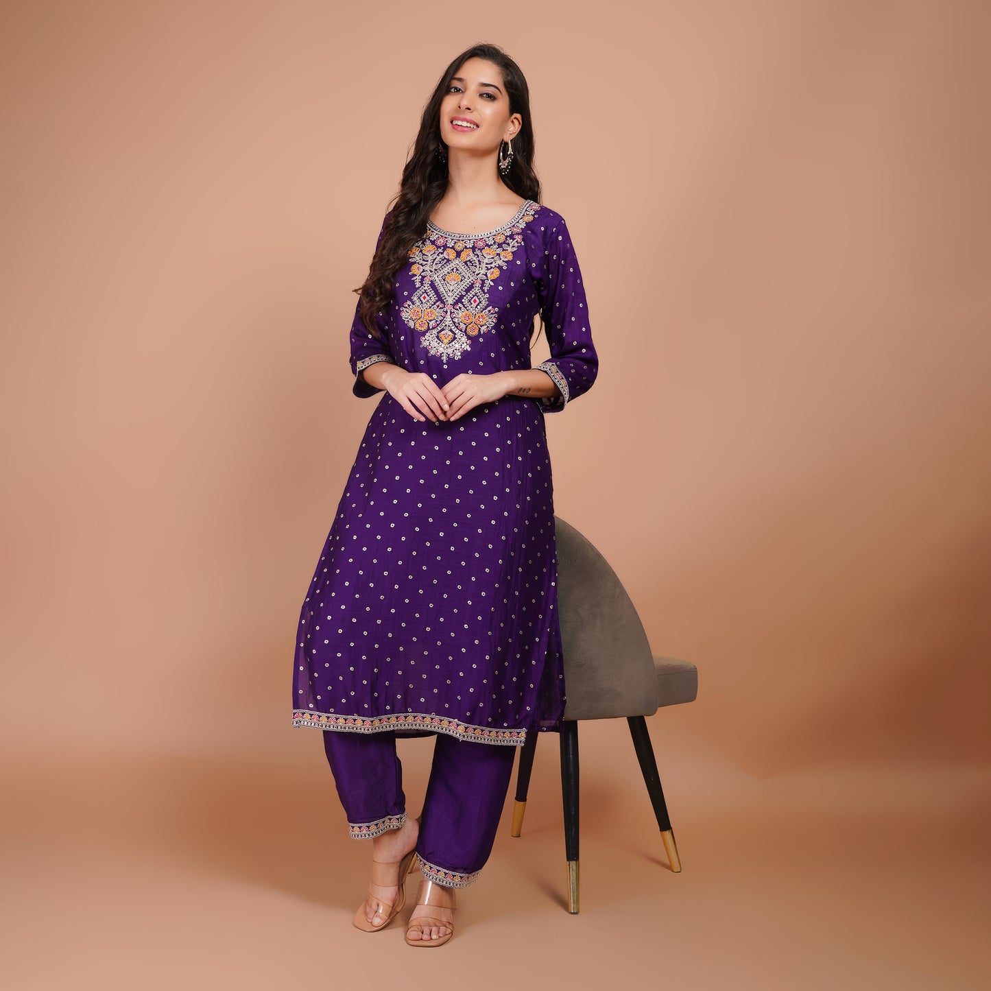 Purple Silk Kurti Set with Embroidery & Dupatta