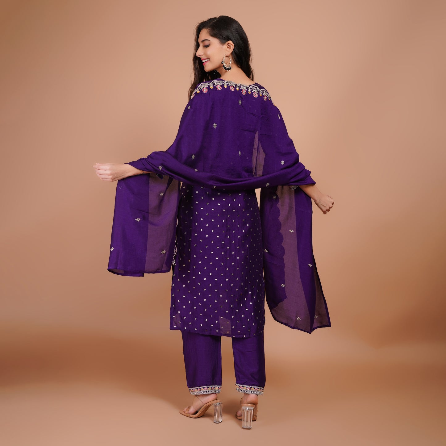 Purple Silk Kurti Set with Embroidery & Dupatta