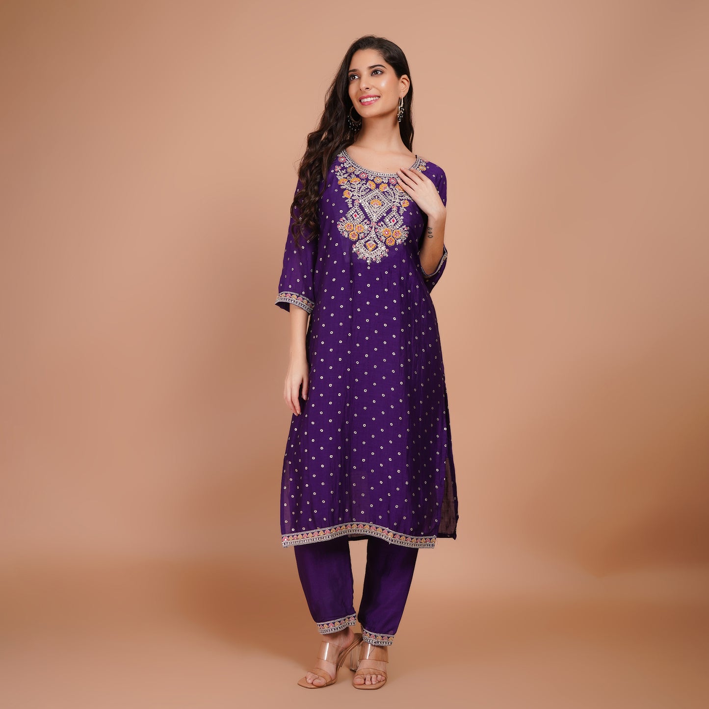 Purple Silk Kurti Set with Embroidery & Dupatta