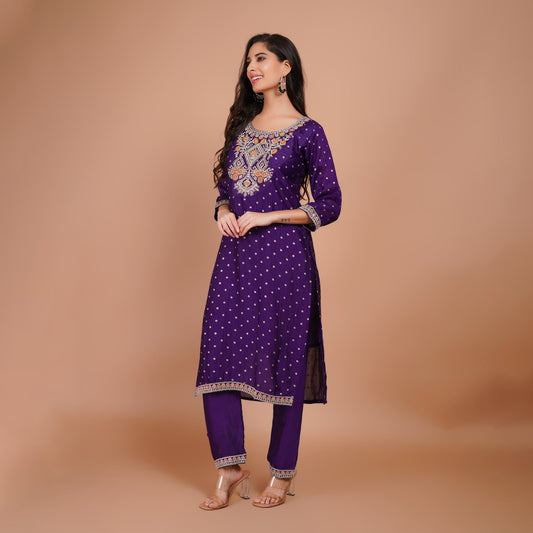 Purple Silk Kurti Set with Embroidery & Dupatta