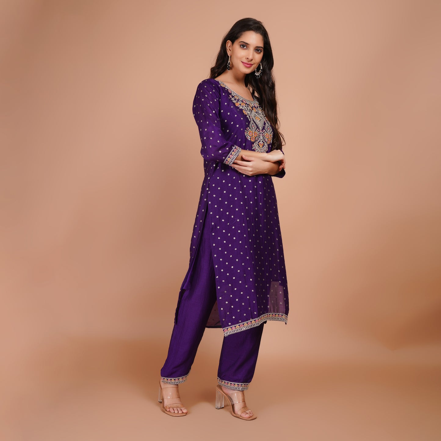 Purple Silk Kurti Set with Embroidery & Dupatta