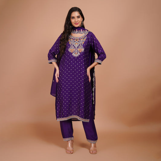 Purple Silk Kurti Set with Embroidery & Dupatta