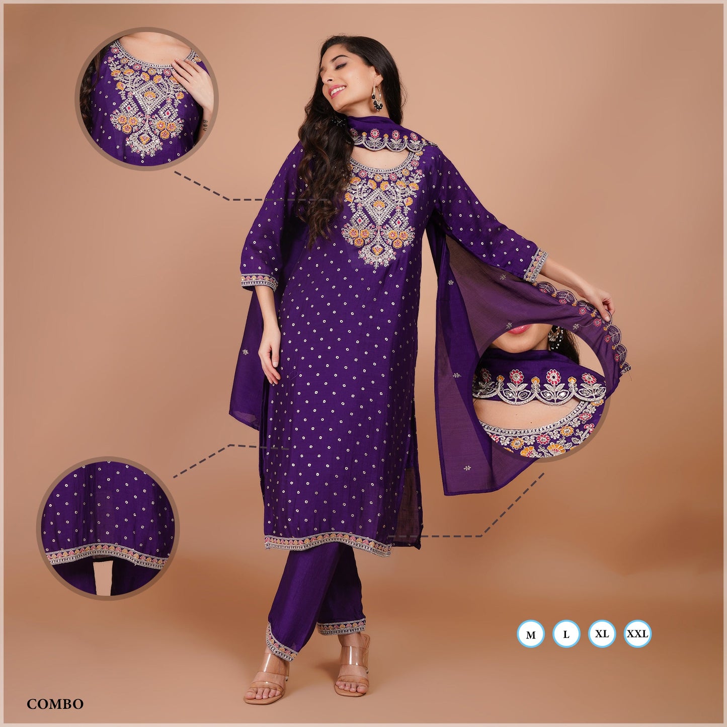 Purple Silk Kurti Set with Embroidery & Dupatta