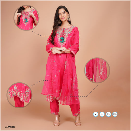 Silk Kurti Set with Dabka & Organza Dupatta