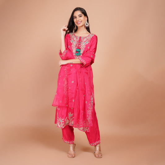 Silk Kurti Set with Dabka & Organza Dupatta