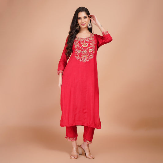 Red Jari Dabka Organza Kurti Set – Festive Wear