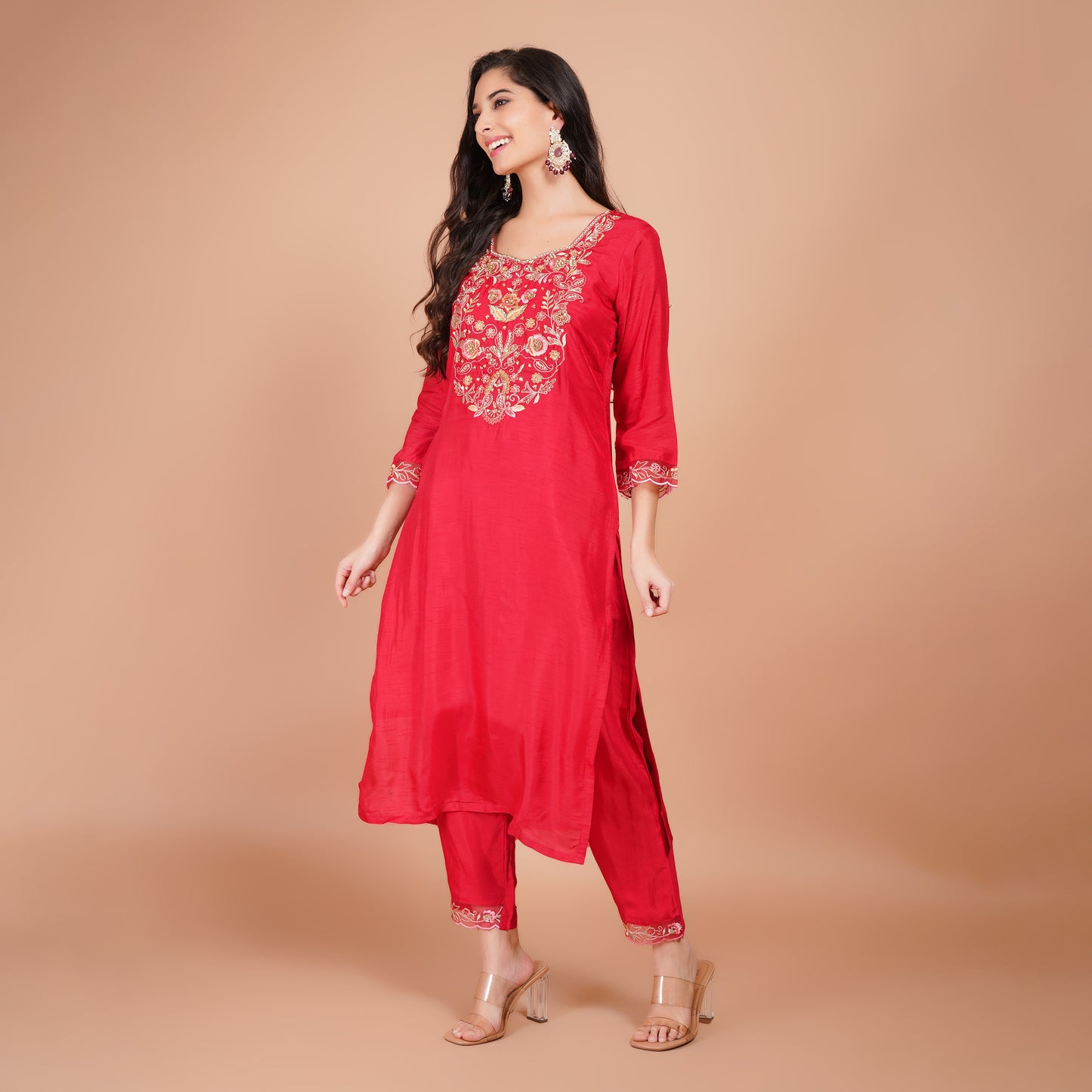 Red Jari Dabka Organza Kurti Set – Festive Wear