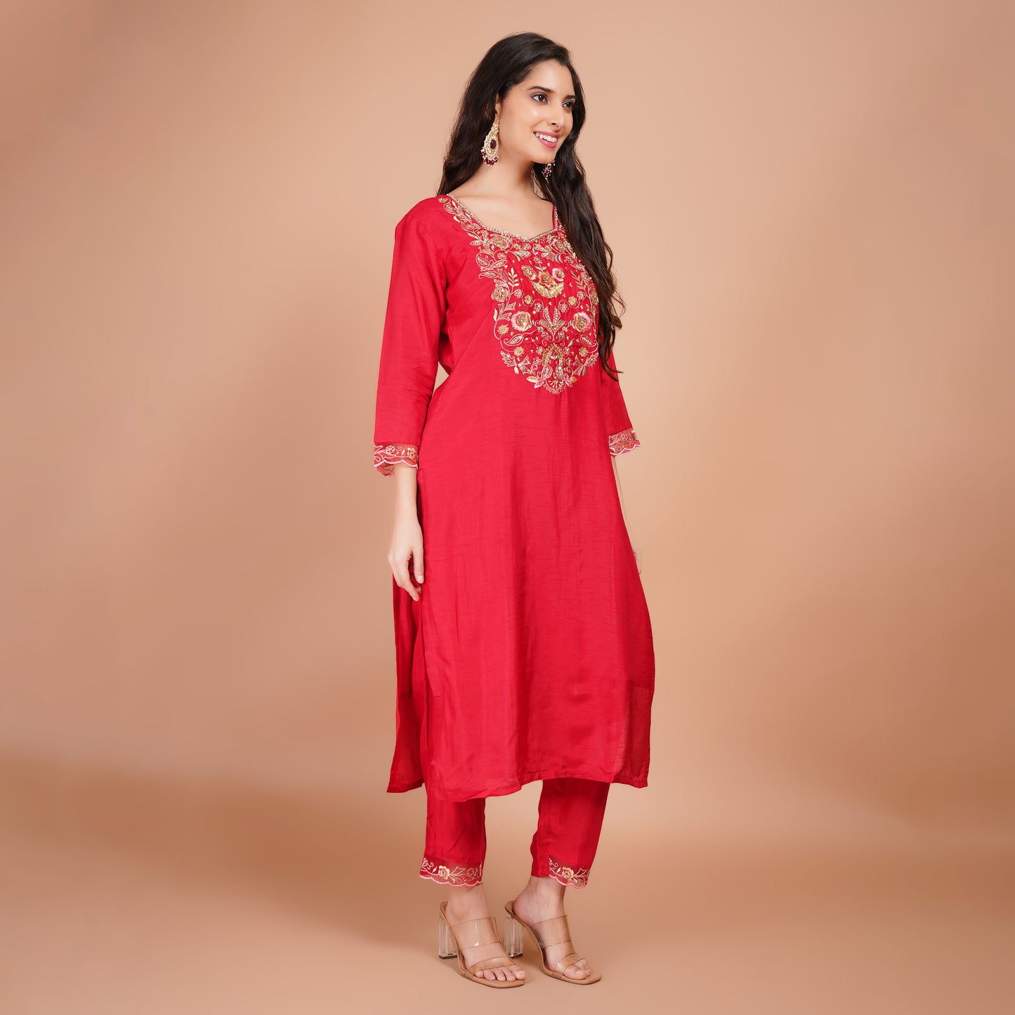 Red Jari Dabka Organza Kurti Set – Festive Wear
