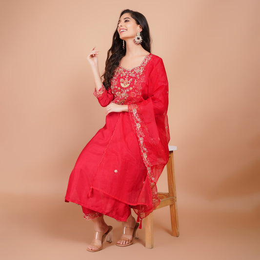 Red Jari Dabka Organza Kurti Set – Festive Wear