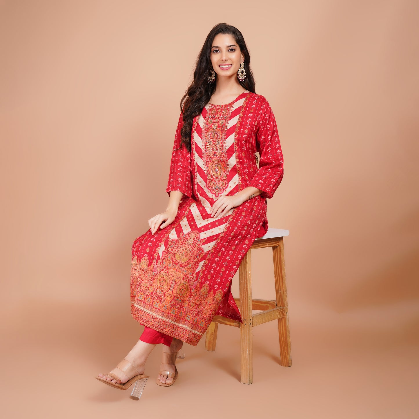 Red Jari Dabka Organza Kurti Set – Festive Wear
