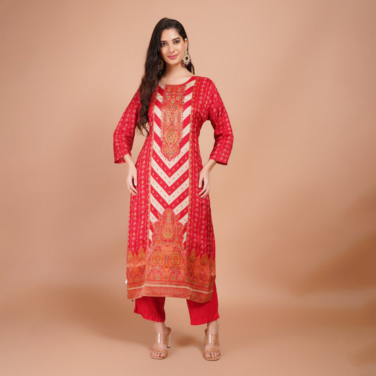 Red White Chiffon Kurti Set with Moti Work