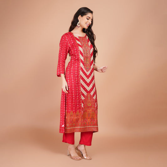 Red White Chiffon Kurti Set with Moti Work