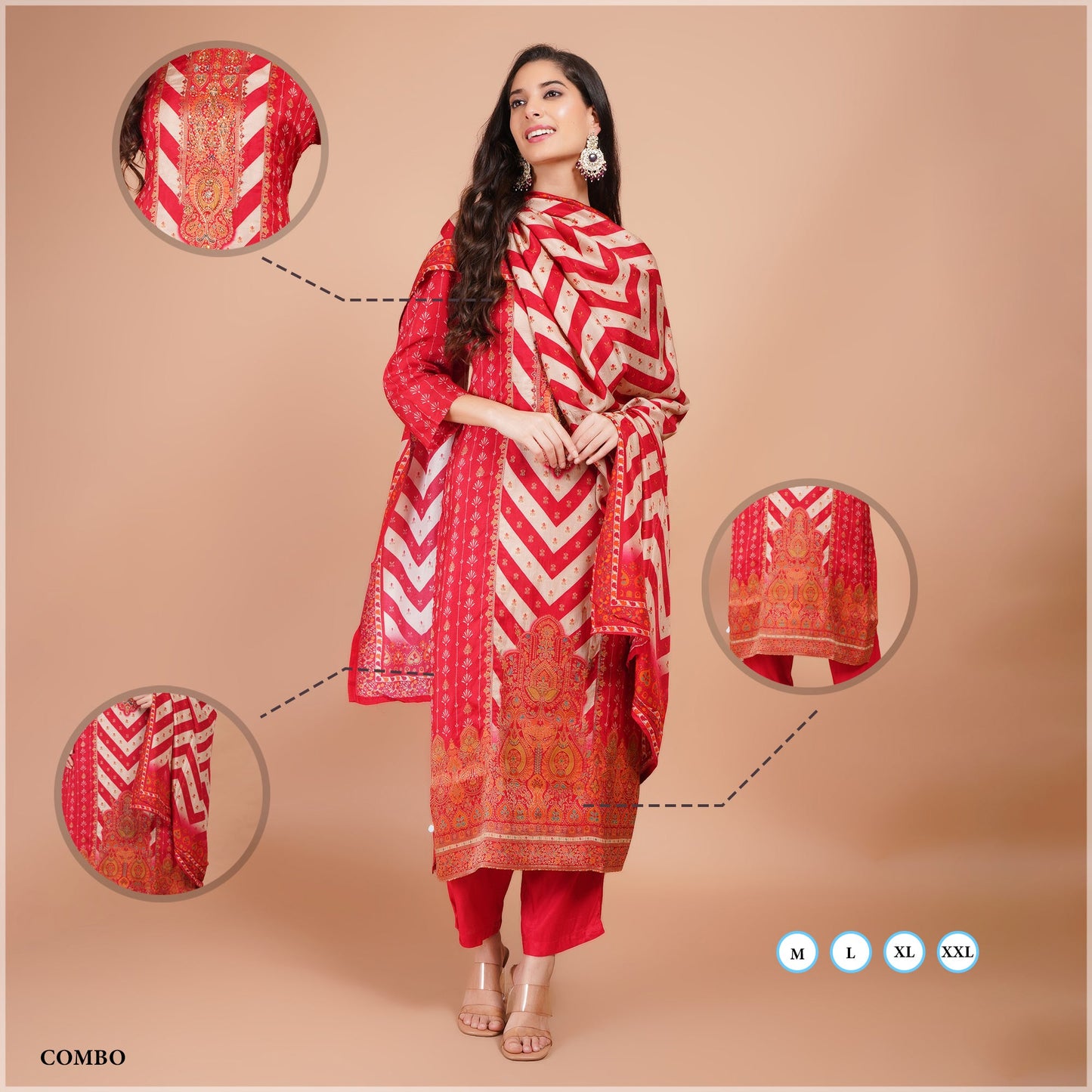 Red White Chiffon Kurti Set with Moti Work