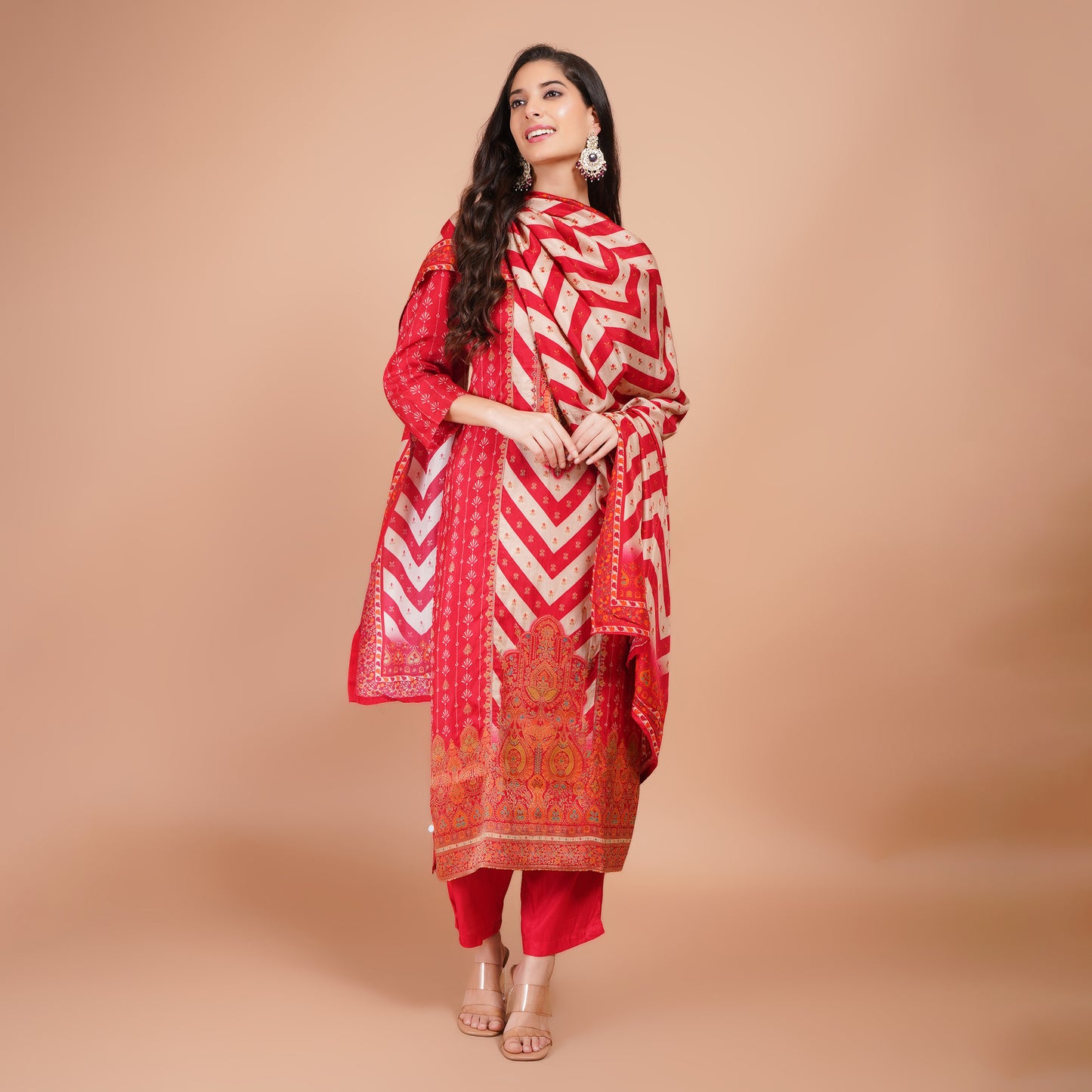 Red White Chiffon Kurti Set with Moti Work