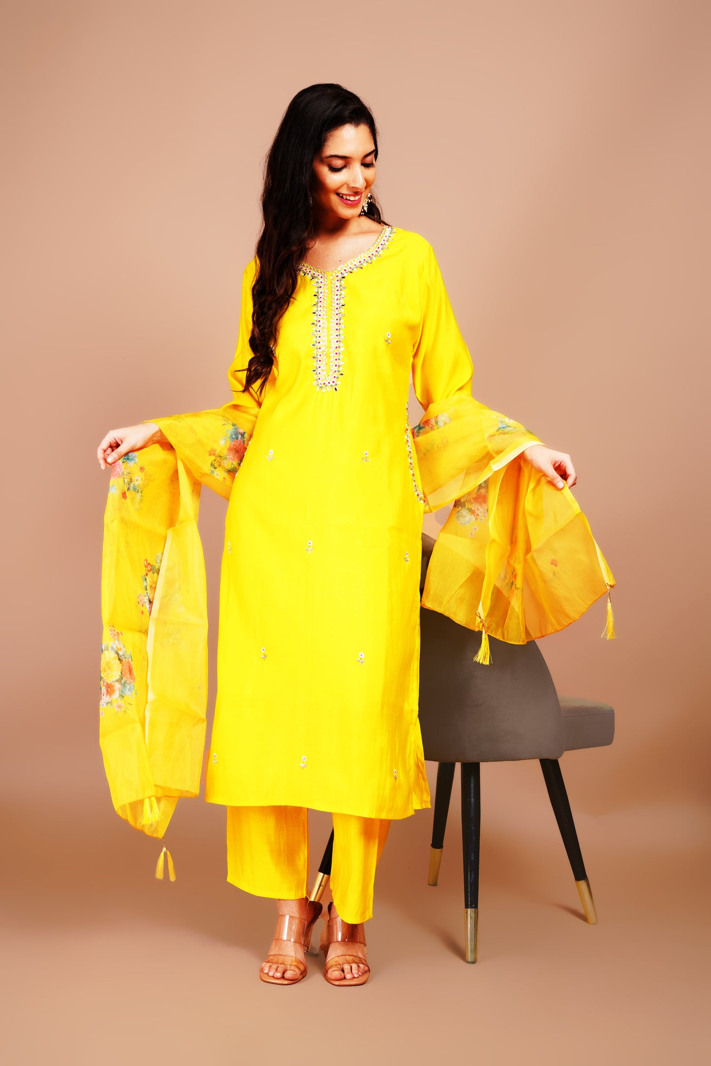 Yellow Organza Dupatta Suit Set